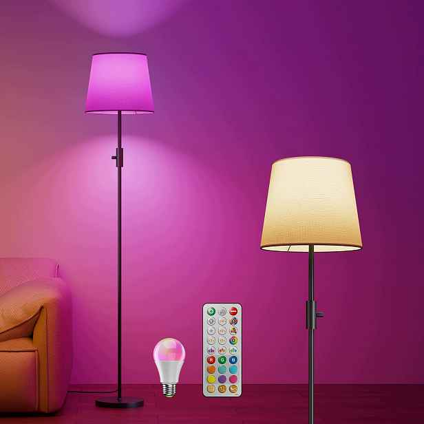 Led podlahová lampa Černá Stmívatelná Změna barvy Abažur Lněná Dálkový Ovladač