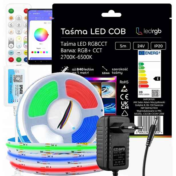 Set Led Pásek Cob Neon 5M Rgb Cct 840/m Dálkový Ovladač Aplikace Napájecí Zdroj Gn Wifi