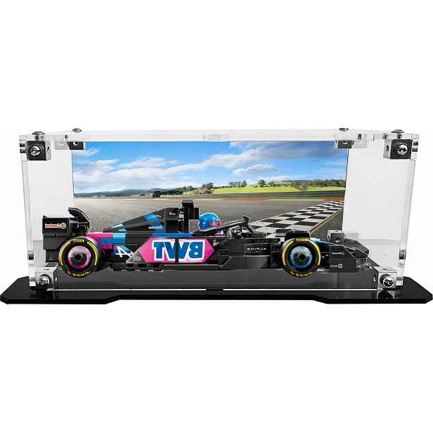 Vitrína s černou základnou a pozadím pro sadu Lego 77248 Formule F1 Bwt Alpine