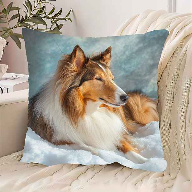 TEMU Jedna kusová obálka na polštář v moderním stylu s sněhového scény Rough Collie Dog, 45.72x45.72 cm, krátký plyšový polyester, lze prát v pračce,