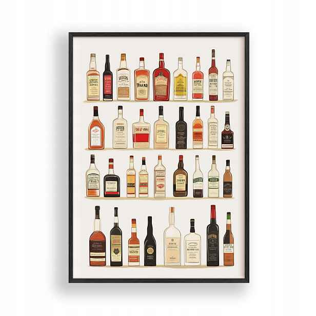 Obraz Kolekce alkoholu Retro Plakát Rámeček Dřevěný Černý 30x42 cm