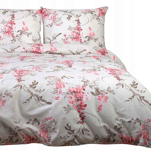 Povlečení bavlněné Cottonlove 160x200 světle béžové, růžové květy akácie