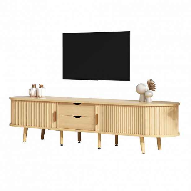 STILVORA TV STOLEK v přírodní barvě se zásuvkami a teleskopickými dvířky do obýváku, 175×40×42 cm