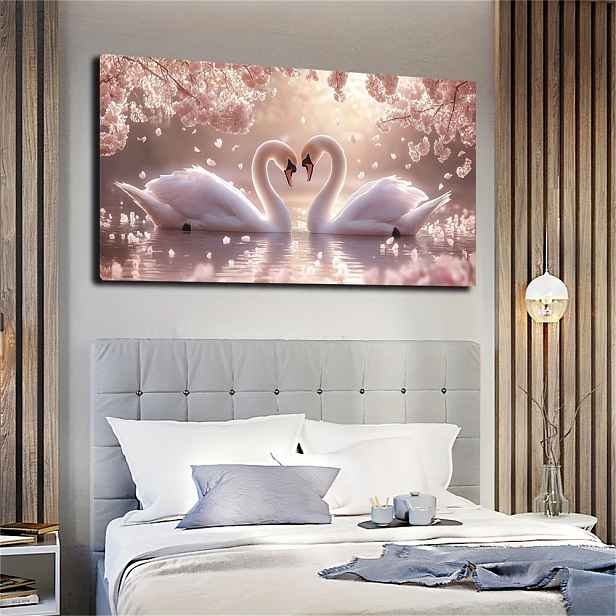 TEMU Velké Nezarámované Plátno 50x100cm (20x40in) - Dva Labuti ve Tvaru Srdce s Třešňovými Květy, Moderní Bohémský Art Deco Styl, Živý Inkoust na