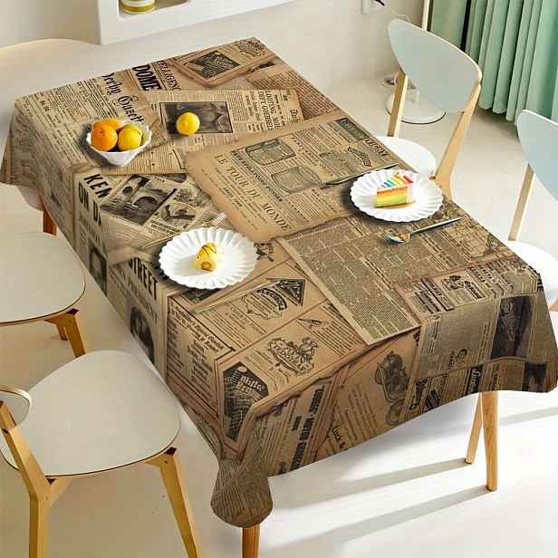 TEMU 1ks Vintage novinový potisk ubrus, evropský vintage prošívaný design obdélníkový ubrus, vhodný pro jídelní stůl, kuchyni, party dekorace, domácí