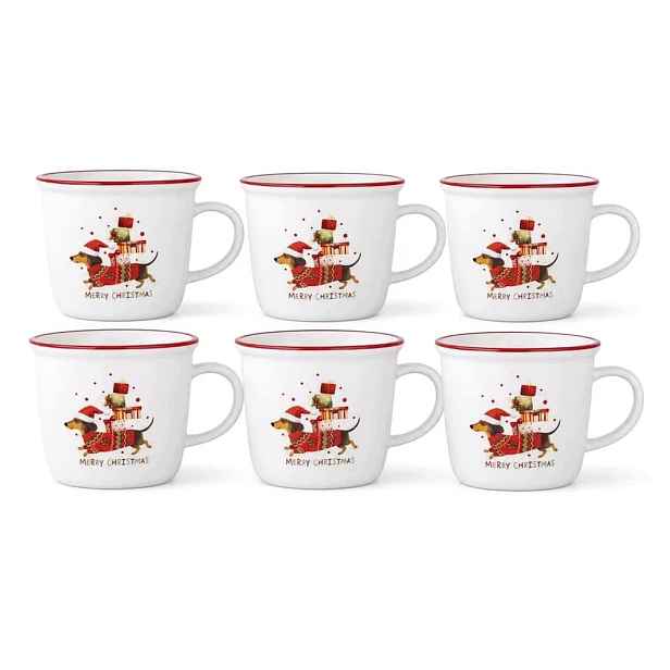 Vánoční hrnky s jezevčíkem 6 ks Porcelánové na kávu 400 ml Bílé