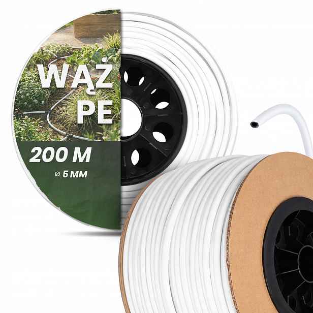 Hadice Pe 5 mm 200 m Trubka pro zavlažování zavlažovacích zavlažovačů Bílá Z0-T