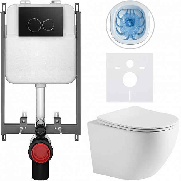 Kompletní WC set Basic/Cesso - bílá matná - WC tlačítko Dualo/Černá - pro zazdění - 49x36 cm - 8050BD86246