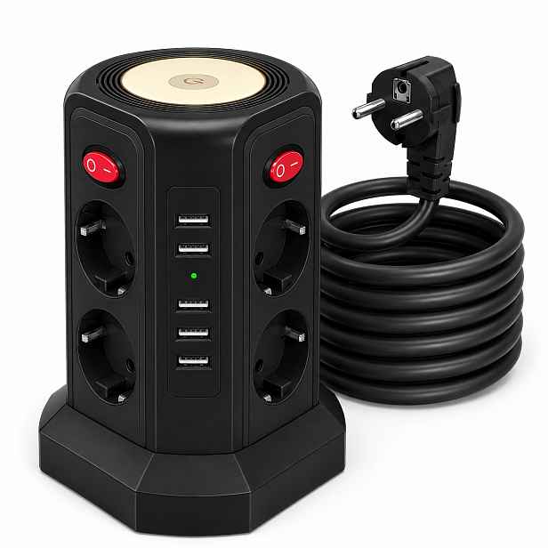 TEMU 13v1 vícepatrová zásuvková lišta s 8 přihrádkami a prodlužovacím , 5 USB vícepatrová zásuvka s přepěťovou ochranou, věžová zásuvková lišta pro