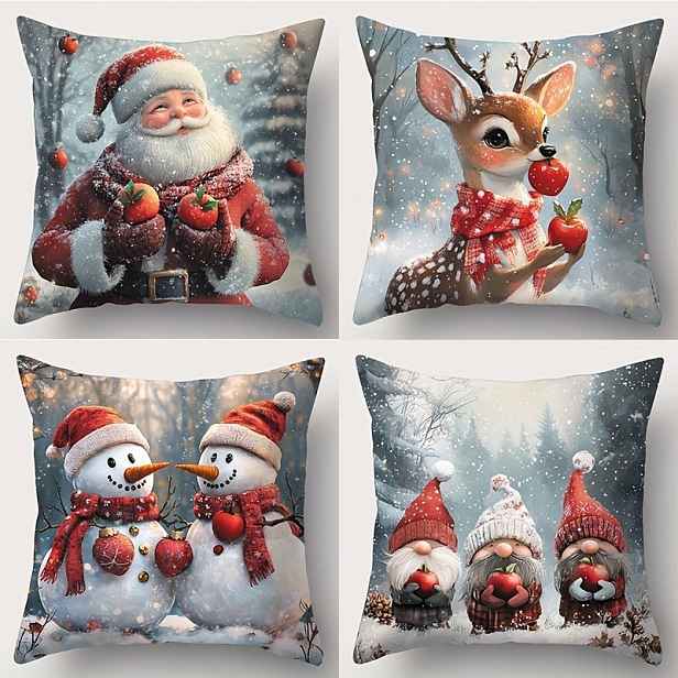 TEMU Sada 4 jednostraných potahů na polštáře s vánoční tématikou: Designy s Santa Claus, , sněhulákem a trpaslíky, moderní stylové dekorativní potahy