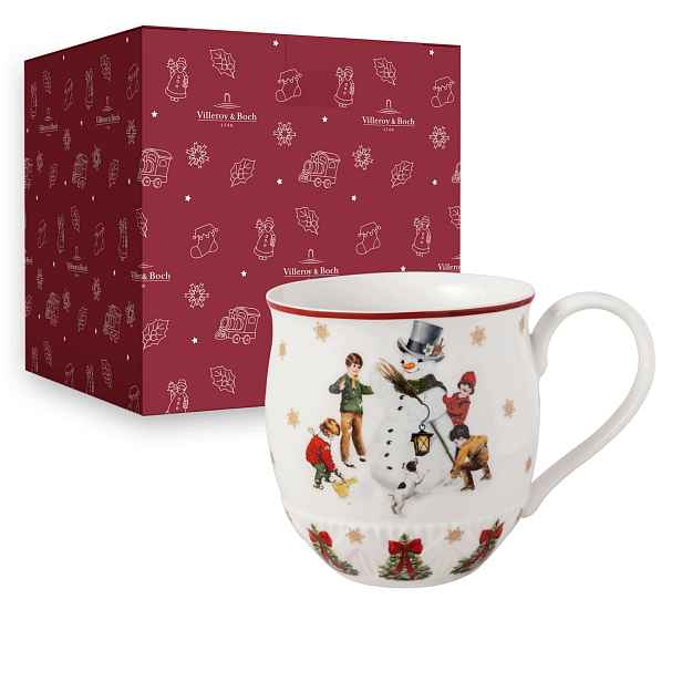 Vánoční Hrnek 390 ML Porcelánový Sněhulák Reliéf Bílý Červený