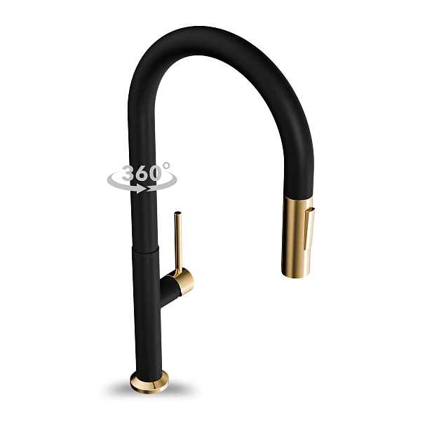 Černo-zlatá Kuchyňská Baterie 455 MM S Vytahovací Sprškou Otočným O 360°