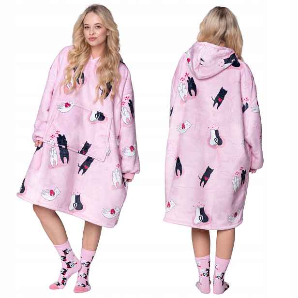 Koc oversize mikina Teplá Tlustá Mikinová Deka 2v1 XXL Kočky Ponožky Dárek
