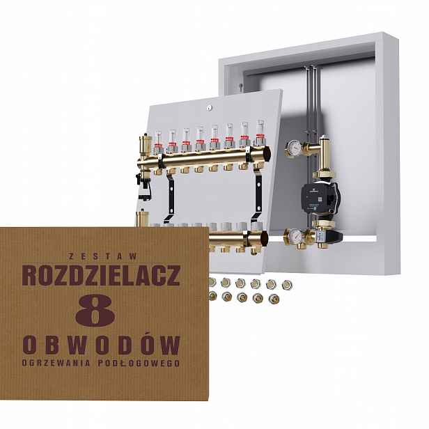 Rozdělovač pro podlahu 8 sekcí s čerpadlem GRUNDFOS+nástěnná skříňka+PEX
