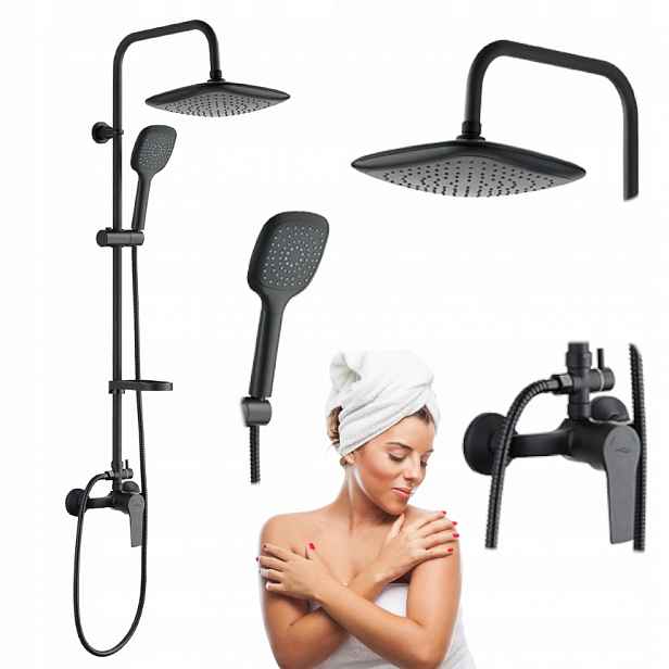 Sprchová Sloupka dešťová sprcha čtvercová 22 cm s baterií Fiona černá