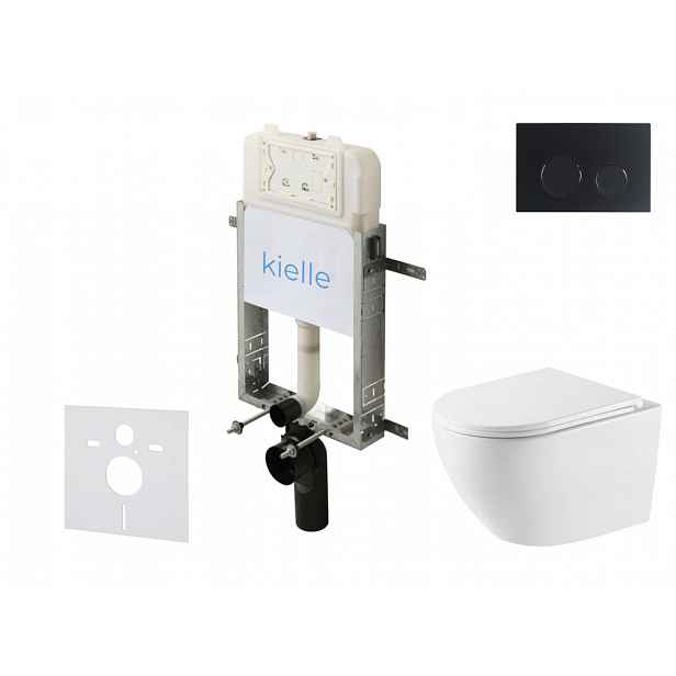 kielle Genesis New - Set předstěnové instalace, klozetu Oudee, Vortex Rimless+, sedátka softclose a tlačítka Gemini New II, matná černá 30528SZ60