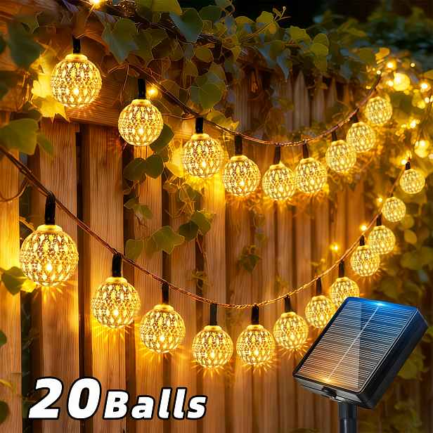 TEMU Venkovní solární pohádková řetězová světla, 50/20LED marocká kulovitá světla, světelný senzor automatické zapnutí/vypnutí, 10 světelných režimů,