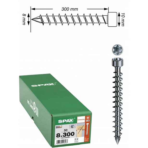 Šrouby Wirox pro konstrukci, plný závit, válec spax 8 x 300 mm, 50 ks