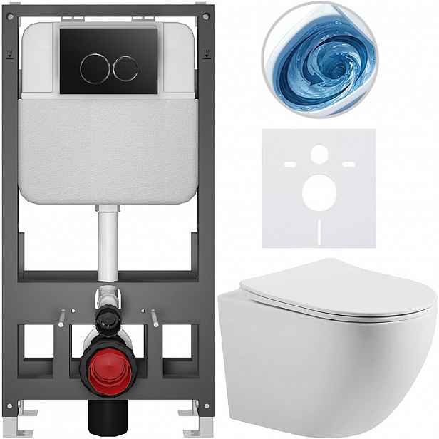 Kompletní WC set Basic/Cesso - bílá matná - WC tlačítko Dualo/Černá - volně stojící - předstěnová instalace - 49x36 cm - 8050BD86157