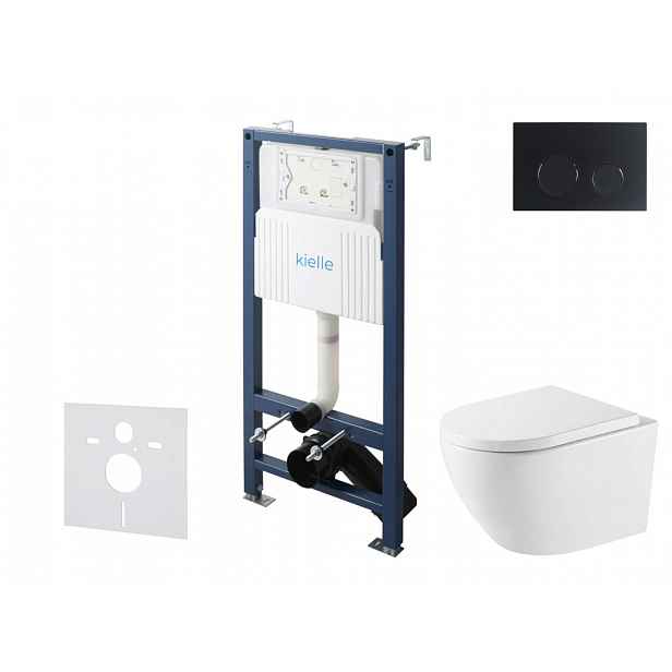 kielle Genesis New - Set předstěnové instalace, klozetu Oudee, Vortex Rimless+, sedátka softclose a tlačítka Gemini New II, matná černá 30528SS69