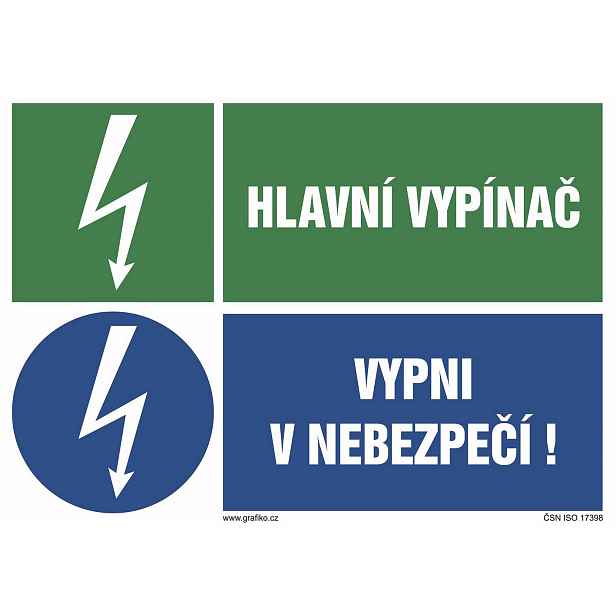 Samolepka Hl.vypínač/Vypni v nebezpečí 105×74 mm
