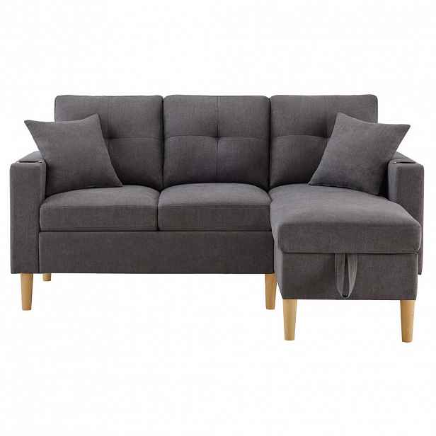 OKWISH ROHOVÁ sedačka 175/129/90 cm tmavě šedá z bavlněného a lněného materiálu s úložným prostorem