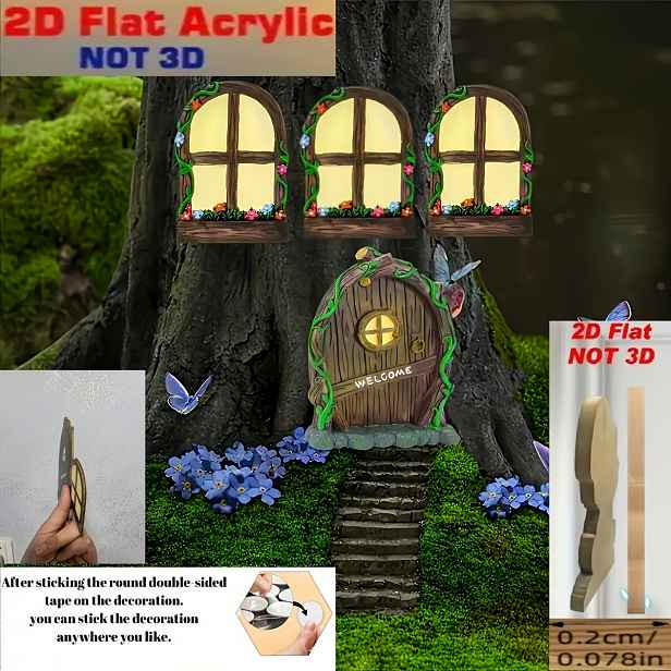 TEMU 2D Plochý, 4ks Retro Mini Sada Dveří a Oken - Dekorace pro Zahradní Pohádkovou Scénu, Malý Stromový Dvůr & Okna, Ideální na Narozeniny Svatební