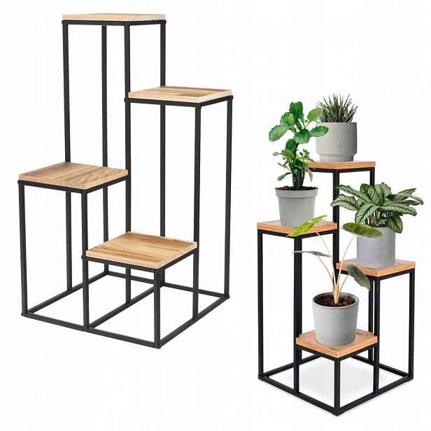 Stojan Držák Na Květináč na květiny Kovový dřevěný stojící regál Loft 67 cm
