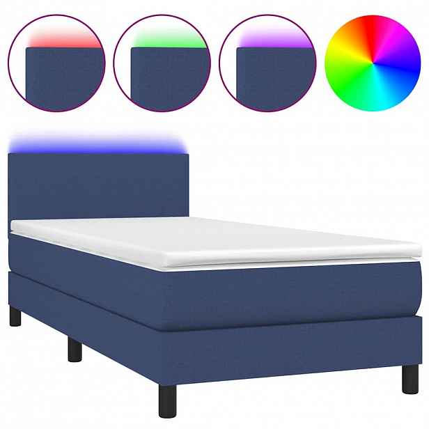 vidaXL Box spring postel s matrací a LED modrá 100x200 cm textil