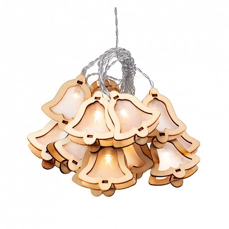 LED světelný řetěz ve tvaru zvonků DecoKing Woodenbell, 10 světýlek, délka 1,85 m