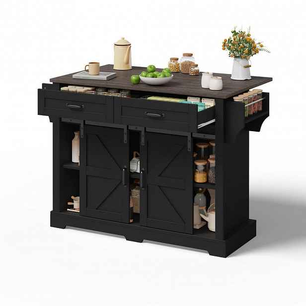 Modfu KUCHYŇSKÝ ostrůvek z MDF 120x45(70)x91 cm černý se sklápěcí deskou, kolečky, posuvnými dveřmi a 2 zásuvkami