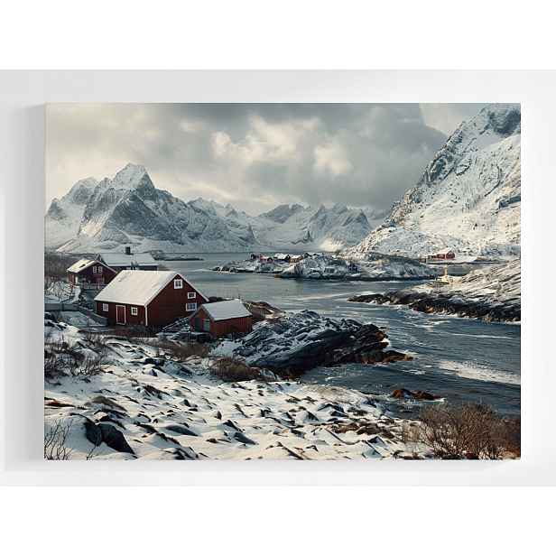 Plakát Norsko Zimní Fjord Hory Domky Skandinávie 100x75