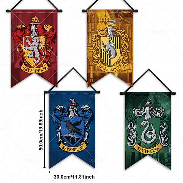 TEMU 2D ploché, 2D ploché - 2D ploché, 2D ploché - 2D ploché bannerové dekorace, 4 ks bannerů s Harryho Pottera, polyester, s vlajkami Gryffindor,