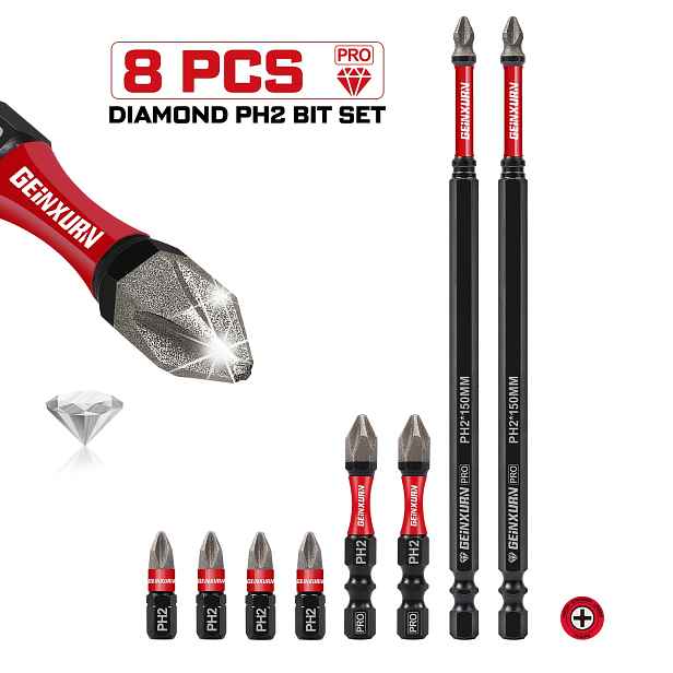 TEMU Sada prvků pro rázové bity z diamantového karbidu PH2, 8/9/10/20 ks, protiskluzové a odolné proti opotřebení, protiskluzové pro rázové , s