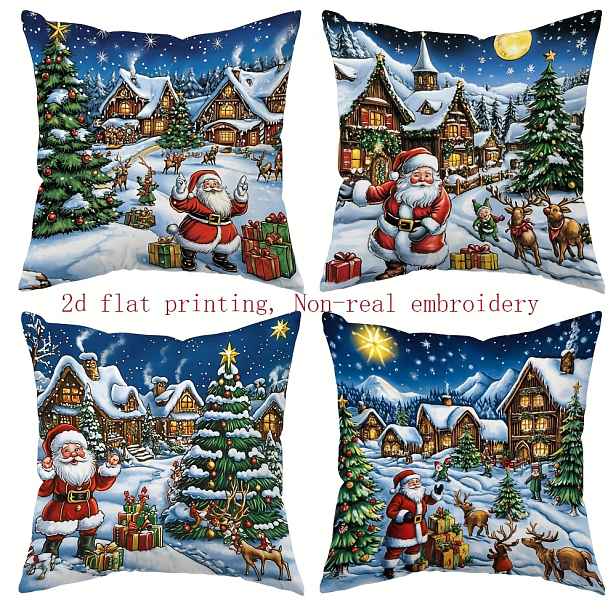 TEMU Sada 4 kusů s vánočním designem s vánočním stromem, Santa Clausem a sobami, dostupná ve velikostech 16 x 16 palců, 18 x 18 palců x 20 palců,