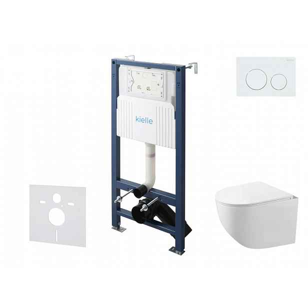 kielle Genesis New - Set předstěnové instalace, kompaktního klozetu Gaia, Rimless, sedátka softclose a tlačítka Gemini New I, lesklá bílá 30528SS82