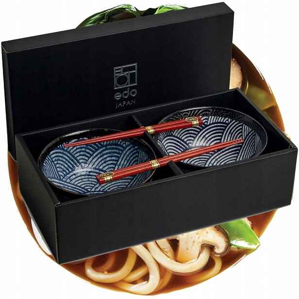 Sada modrých misek 17 cm Japanese Wave na těstoviny a polévku Udon Tyčinky