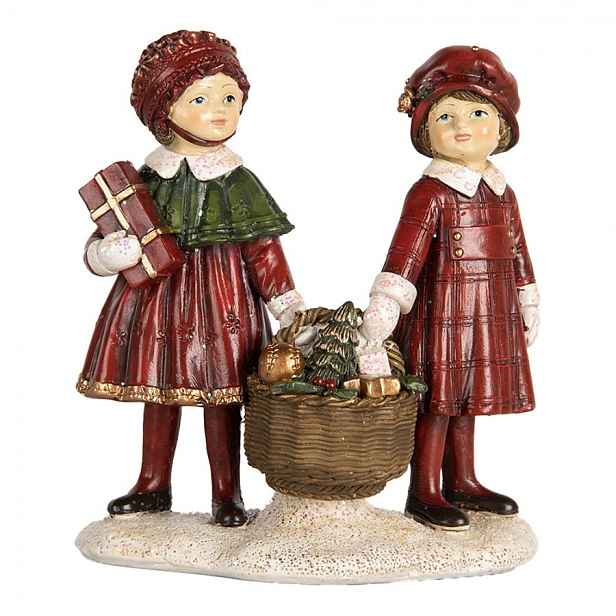 Červeno-zelená vánoční dekorace děti s košíkem dárků - 11*6*12 cm Clayre & Eef