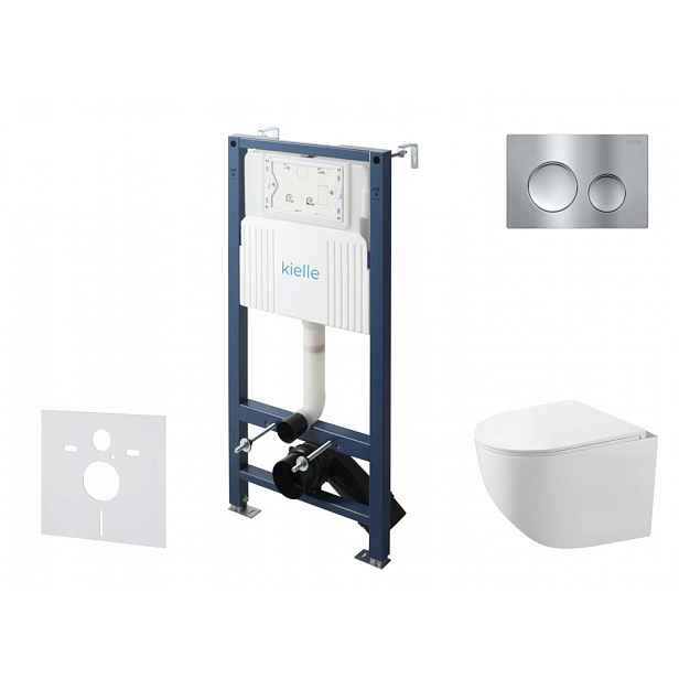 kielle Genesis New - Set předstěnové instalace, kompaktního klozetu Gaia, Rimless, sedátka softclose a tlačítka Gemini New I, lesklý chrom 30528SS83
