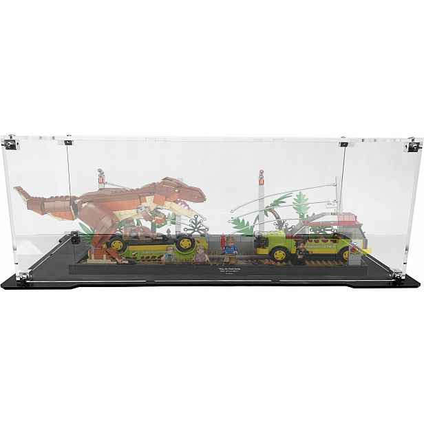 Vitrína s černým podstavcem pro stavebnici Lego 76956 Tyranosaurus ve volné přírodě