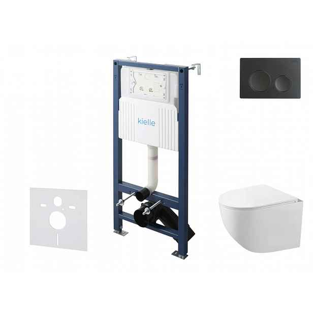 kielle Genesis New - Set předstěnové instalace, kompaktního klozetu Gaia, Rimless, sedátka softclose a tlačítka Gemini New I, matná černá 30528SS84