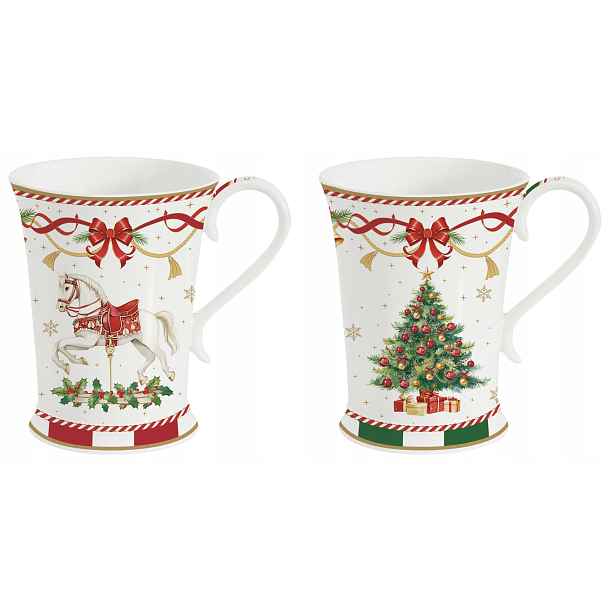 Porcelánové hrnky 2ks 300 ml, vánoční hrnek, houpací koník a vánoční stromky