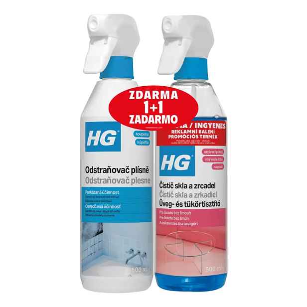 HG odstraňovač plísně 500ml + HG čistič skla a zrcadel 500ml