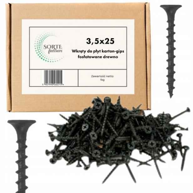 Šrouby do sádrokartonu fosfátované dřevo 3,5 x 25 10 kg 7400 Sorte Fasteners