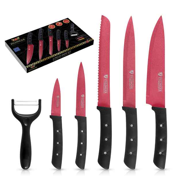 Zillinger ZL-872 6-dílný set nožů s keramickou škrabkou, 20 / 19,8 / 12,3 / 8,7 cm, černo-červená
