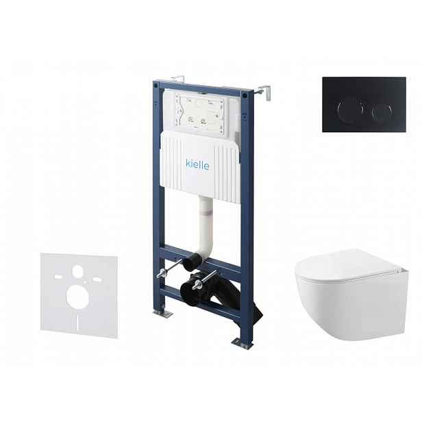 kielle Genesis New - Set předstěnové instalace, kompaktního klozetu Gaia, Rimless, sedátka softclose a tlačítka Gemini New II, matná černá 30528SS87