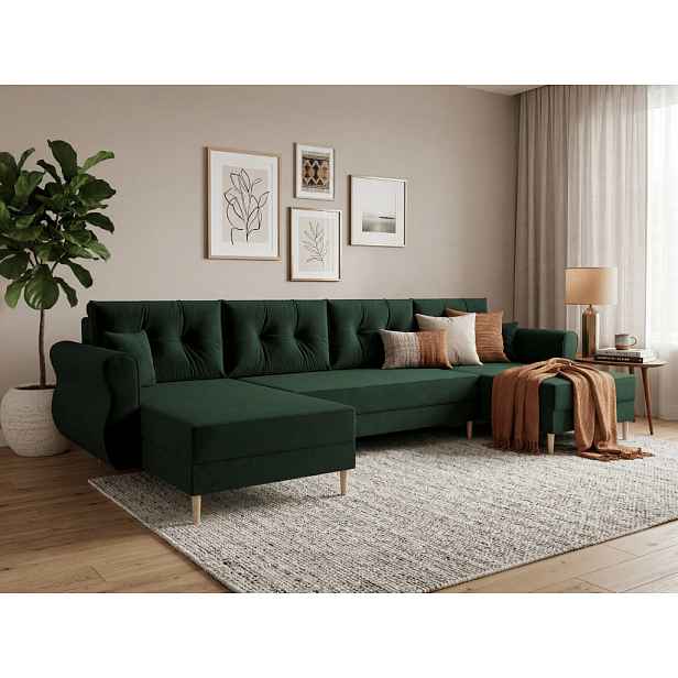 Rozkládací sedací souprava do U SILVIANO 300x140 cm, tmavě zelená + 2 polštářky ZDARMA