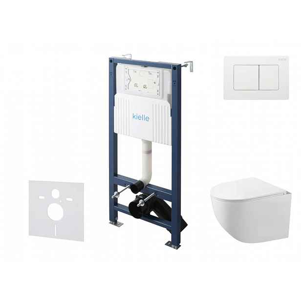 kielle Genesis New - Set předstěnové instalace, kompaktního klozetu Gaia, Rimless, sedátka softclose a tlačítka Gemini New III, lesklá bílá 30528SS88