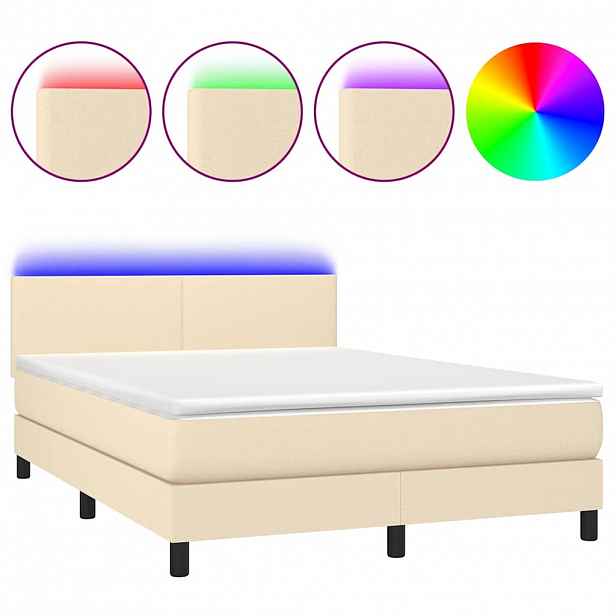 vidaXL Box spring postel s matrací a LED krémová 140x190 cm textil