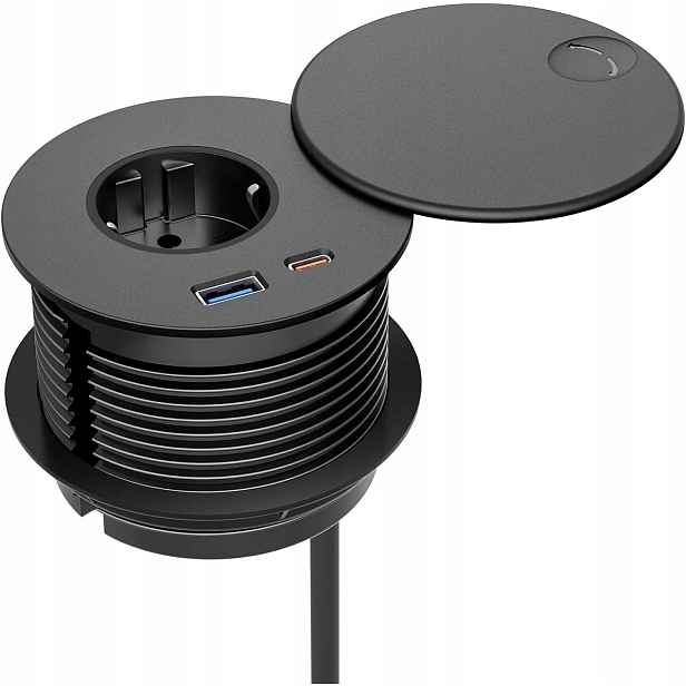 zásuvka pro zabudování Usb A a C, pro pracovní desku, kabel 2 m, černá barva